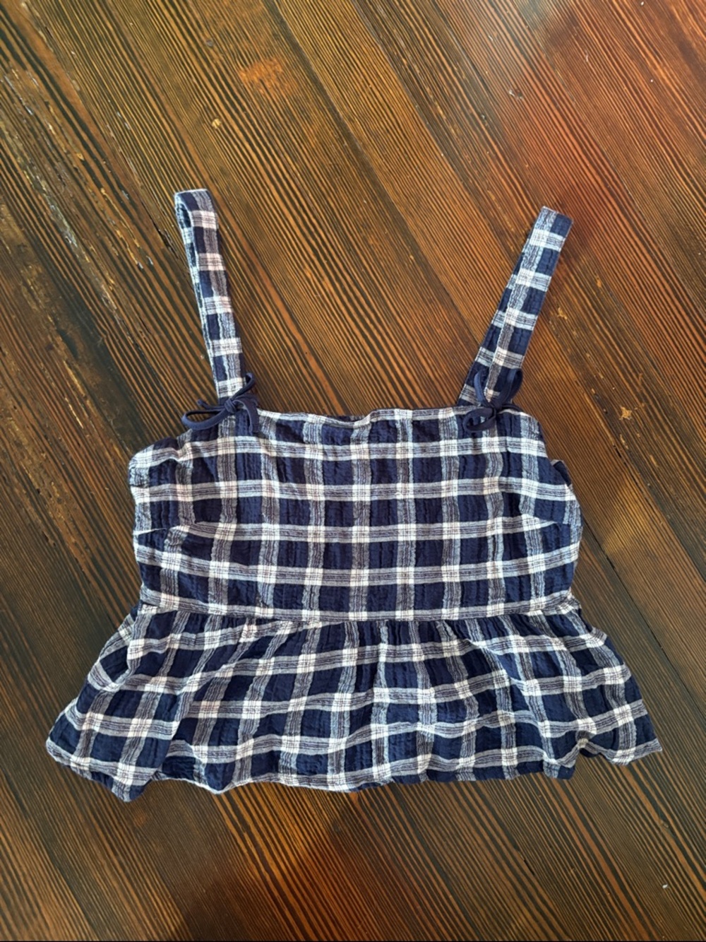 Navy and White Plaid Ruffle Tank size M